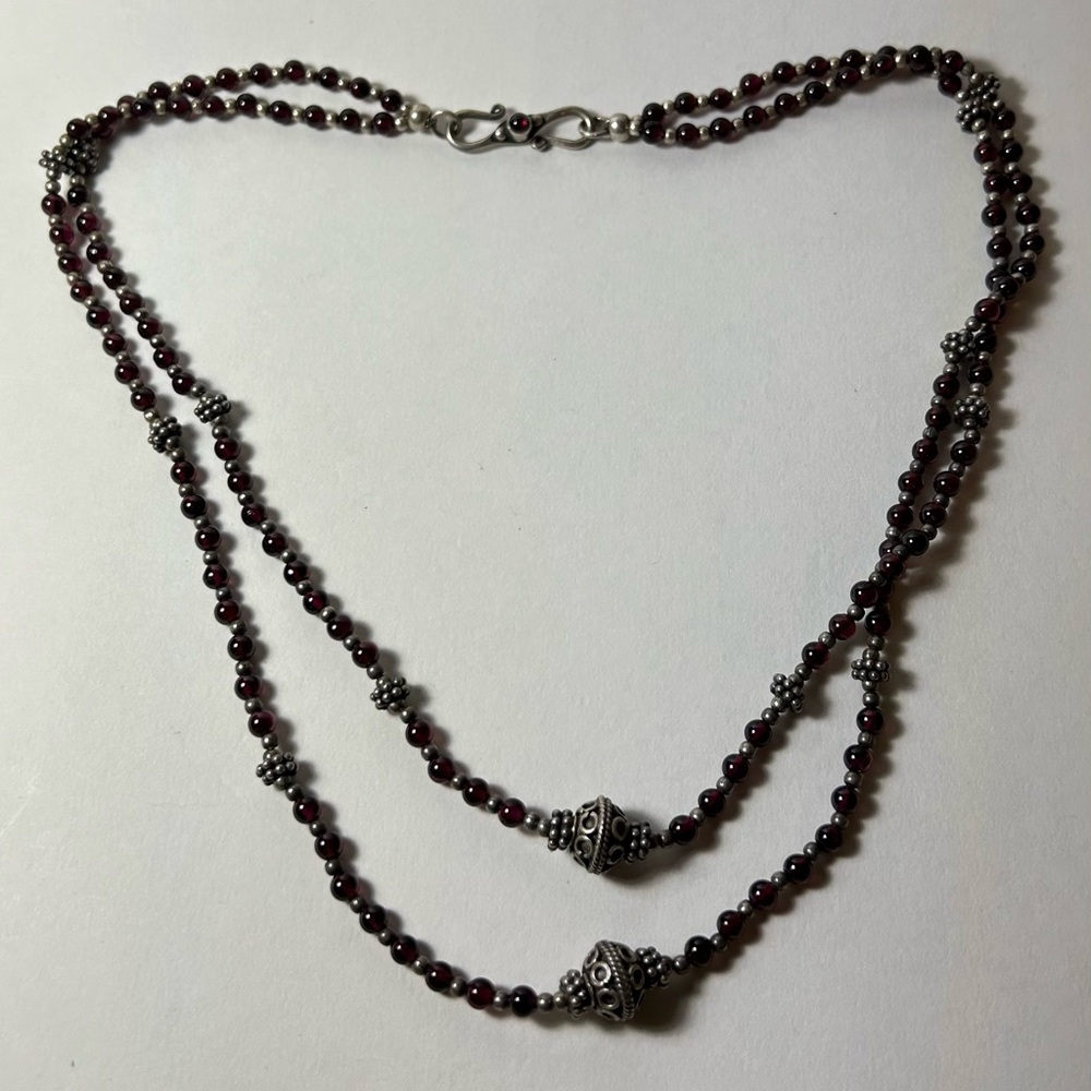 Sudha Sterling Silver and Garnet Bali Style Necklace